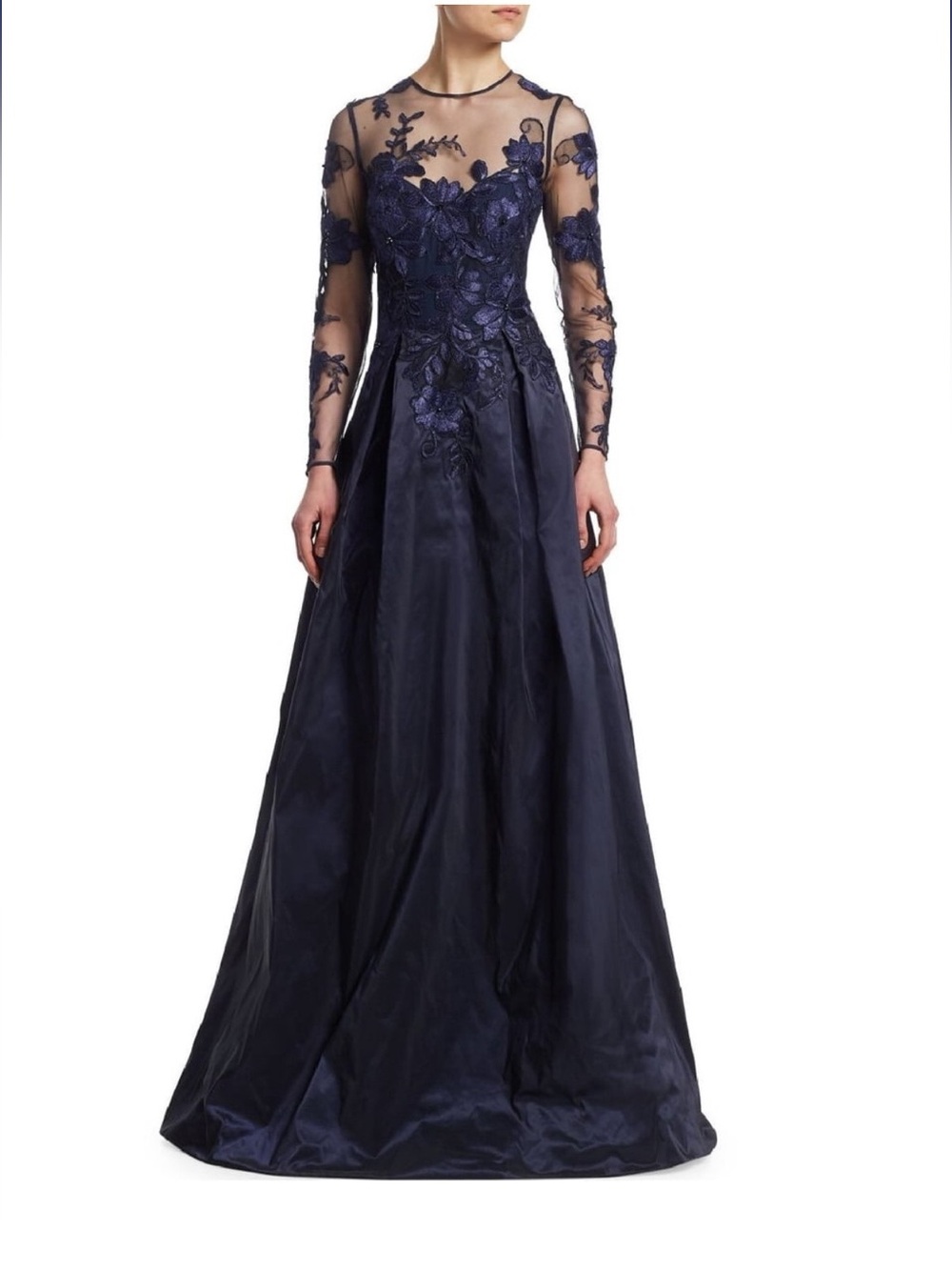 Rickie Freeman Teri Jon Floral Lace Appliqué Illusion Long Sleeve Evening Dress